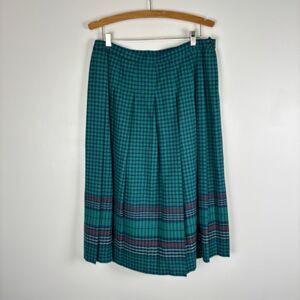 Vintage Pendleton Plaid Skirt Womens 16W Green Check Button Made in USA Wool